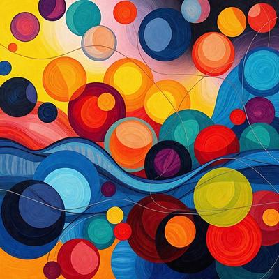 The primary subject of the image is a colorful painting featuring a variety of circles and other shapes. The setting is a canvas, and the visual style is a mix of digital art and illustration. The dominant colors in the painting are red, yellow, and blue, creating a vibrant and lively atmosphere.
